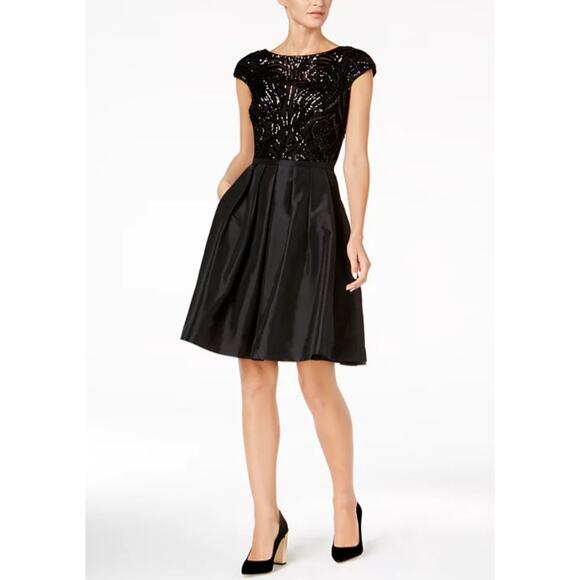 NWT Calvin Klein Black Sequined Fit & Flare Pleated Party Dress Womens 14 - Picture 1 of 10